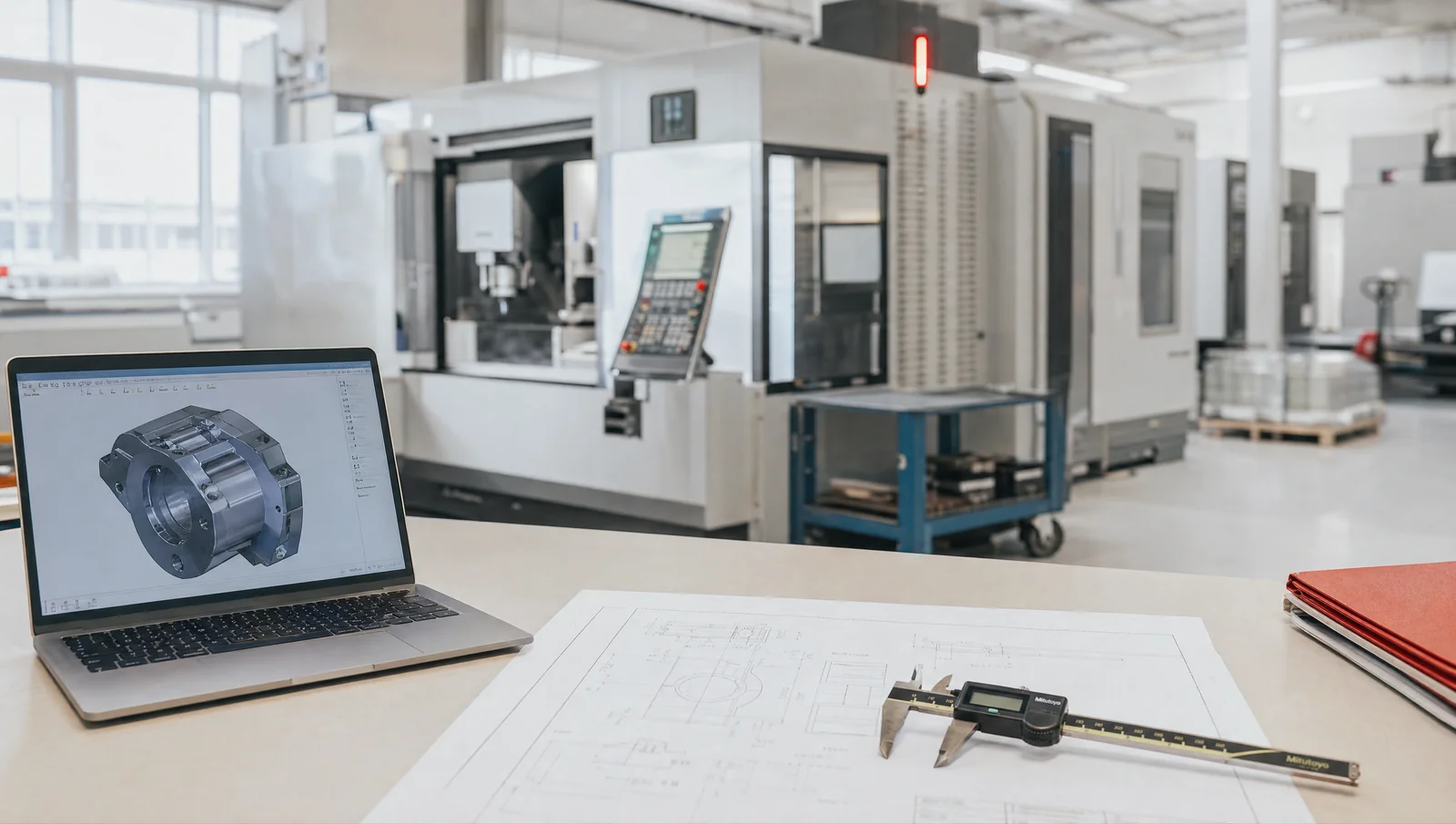 Technische Zeichnung mit Messschieber und CAD-Modell bei Schoder