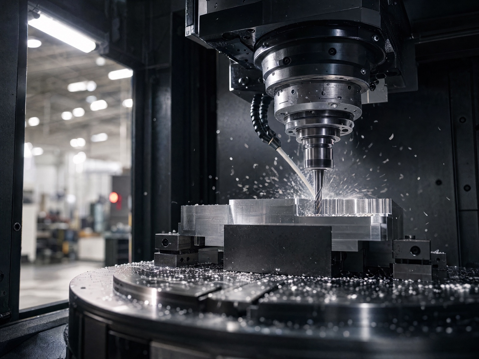 CNC-Frästechnik – Fräser bearbeitet einen Aluminiumblock im Bearbeitungszentrum bei Schoder in Langen